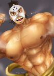  1boy :d abs absurdres bara brown_hair cowboy_shot el_fuerte flexing highres huge_pectorals kata_(o)_ware looking_at_viewer luchador_mask male_focus muscular muscular_male navel nipples smile solo steaming_body street_fighter sweat thick_eyebrows topless_male 