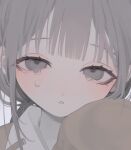  1girl blunt_bangs blush brown_sweater collared_shirt commentary crying crying_with_eyes_open grey_background grey_eyes grey_hair hand_up highres long_hair long_sleeves looking_at_viewer low_twintails original pale_skin parted_lips portrait shirt sidelocks simple_background sleeves_past_fingers sleeves_past_wrists solo sweater symbol-only_commentary tears teeth twintails yuanyuann 
