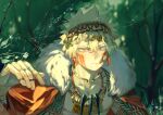  abs alternate_costume analogous_colors arm_at_side bakugou_katsuki bead_necklace beads blonde_hair blurry blurry_background boku_no_hero_academia cape choker closed_mouth dangle_earrings dew_drop double-parted_bangs earrings facepaint flower foliage fur-trimmed_cape fur_trim gold_choker gold_necklace hair_between_eyes hand_up jacket jewelry leaf light_frown looking_at_viewer male_focus multiple_necklaces multiple_rings necklace open_clothes open_hand open_jacket portrait red_cape red_eyes red_pepper_earrings ring sanpaku short_hair silk solo spider_web spiked_hair sunlight taro-k tooth_necklace tree water_drop 