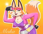  2023 anthro breasts canid canine character_name cleavage clothed clothing digital_media_(artwork) dipstick_tail ears_up eyebrows eyewear eyewear_on_head female fox green_eyes grin hand_on_hip hi_res looking_at_viewer mammal markings meika_(rimba_racer) open_mouth racing_suit rimba_racer smile solo sunglasses sunglasses_on_head tail tail_markings tight_clothing zebra10045 