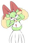 2024 big_breasts biped bodily_fluids breasts bunny_ears_(gesture) cleavage clothed clothing cute_fangs embarrassed fake_ears fake_rabbit_ears female front_view gardevoir generation_3_pokemon generation_4_pokemon gesture green_hair hair hi_res humanoid looking_away lopunny narrowed_eyes nintendo open_mouth pokemon pokemon_(species) portrait red_eyes simple_background solo standing sweat sweatdrop three-quarter_portrait white_background wozzu1