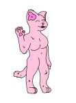  anthro breasts domestic_cat felid feline felis female fur happy hi_res humanoid mammal navel nude open_mouth paws pink_body pink_ears pink_nose raised_hand short_tail smile solo 