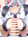  1boy 1girl aokura_shou apron arms_up asymmetrical_horns azur_lane bar_censor between_breasts black_necktie blue_gemstone blush breasts censored center_opening deep_skin dragon_girl earrings gem grabbing grabbing_another&#039;s_breast hakuryuu_(azur_lane) hakuryuu_(slice_dice_and_serve)_(azur_lane) highres horns imminent_paizuri jewelry large_breasts maid_headdress mismatched_horns mole mole_on_breast multiple_horns necktie necktie_between_breasts official_alternate_costume penis pov pov_crotch pov_hands red_horns slit_pupils smile sword sword_behind_back veins veiny_penis weapon white_apron white_eyes white_hair 