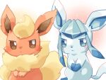  :&lt; animal_focus blue_eyes brown_eyes closed_mouth commentary_request flareon glaceon kana_(maple926) looking_to_the_side no_humans pokemon pokemon_(creature) sidelocks simple_background sitting sparkle_background toes 