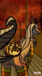  2020 absurd_res anthro archerpupper clothing digital_media_(artwork) female food fruit gecko genitals halloween hi_res holidays jack-o&#039;-lantern leaf_tail lizard looking_at_viewer maple_(maplegek) plant pumpkin reptile scalie simple_background solo 