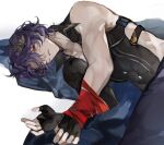  1boy bdsm bed_sheet black_gloves blue_hair bondage bound bound_wrists clothing_cutout collared_shirt dr._ratio_(honkai:_star_rail) fingerless_gloves gloved_sleeves gloves hair_between_eyes highres honkai:_star_rail honkai_(series) looking_at_viewer lying male_focus muscular muscular_male on_side open_collar oryunbunkosu pants red_eyes ribbon ribbon_bondage shirt short_hair side_cutout simple_background single_bare_arm single_sleeve solo white_background 