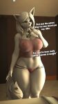  2024 3d_(artwork) absurd_res andra_(domibun) anthro big_breasts blue_eyes breasts canid canine chest_tattoo clothing dialogue digital_media_(artwork) domibun english_text female fox fur hair hi_res mammal mature_anthro mature_female nipples pink_clothing pink_nipples pink_thong pink_topwear pink_underwear solo source_filmmaker_(artwork) standing tail tattoo text thick_thighs thong topwear translucent translucent_clothing underwear warfare_machine white_body white_fur white_hair wide_hips 