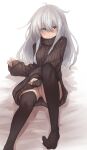  1girl alternate_costume black_sweater black_thighhighs blush closed_mouth commentary_request grey_eyes grey_hair hair_between_eyes hibiki_(kancolle) highres kantai_collection kuuru_(kuuru-n) long_hair long_sleeves looking_at_viewer no_shoes panties simple_background solo sweater thighhighs underwear white_background white_panties 
