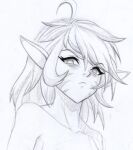  1girl ahoge closed_mouth collarbone completely_nude eldar elf greyscale lewdanon looking_at_viewer lowres monochrome nude pointy_ears scowl simple_background traditional_media upper_body warhammer_40k white_background 