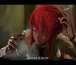  1girl absurdres chainsaw_man cigarette collared_shirt commentary constantine cup drinking_glass english_text formal higemu highres holding holding_cigarette letterboxed long_hair long_sleeves makima_(chainsaw_man) office_lady parody red_hair shirt sidelocks smoke smoking solo subtitled upper_body white_shirt yellow_eyes 