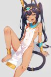  1girl animal_ear_fluff animal_ears anklet arm_support black_hair blue_eyes breasts cat_ears cat_tail dark-skinned_female dark_skin egyptian_clothes grey_background highres jewelry kamidan long_hair looking_at_viewer open_mouth original pelvic_curtain simple_background sitting small_breasts solo tail teeth thighs tongue tongue_out twintails upper_teeth_only yellow_bracelet 