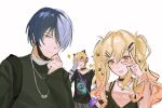  1girl 2boys animal_ear_headphones animal_ears aoyagi_touya black_dress black_mask black_shirt blonde_hair blue_hair brother_and_sister cat_ear_headphones closed_eyes closed_mouth commentary cowboy_shot dark_blue_hair dress fake_animal_ears grey_hair grey_pants hair_between_eyes hair_ornament hair_over_one_eye hairclip headphones heart heart_necklace highres jewelry light_blue_hair long_bangs long_sleeves looking_at_viewer mask mask_pull mouth_mask multicolored_hair multiple_boys multiple_necklaces necklace negai_wa_itsuka_asa_wo_koete_(project_sekai) no_seek_no_find_(project_sekai) orange_eyes pants pinafore_dress pink_hair pink_shirt print_shirt project_sekai shirt short_hair siblings simple_background sleeveless sleeveless_dress split-color_hair star_(symbol) starry_hair t-shirt tenma_saki tenma_tsukasa triangle_mouth twintails two-tone_hair upper_body v_over_eye white_background yama37427989191 