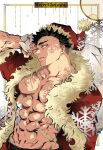  1boy absurdres alternate_costume bara bare_pectorals black_hair blank_eyes christmas cowboy_shot from_side fur-trimmed_headwear fur_trim groin hat highres himejima_gyoumei holding holding_sack kimetsu_no_yaiba large_pectorals male_focus muscular muscular_male pectorals profile sack santa_costume santa_hat scar scar_on_face scar_on_forehead shredded_muscles snowflake_background solo thick_eyebrows veins veiny_arms yae_(pixiv_25755061) 