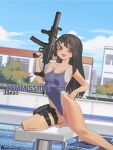  1girl artist_name black_hair blue_one-piece_swimsuit brown_eyes chinese_commentary commentary_request commission competition_swimsuit english_text fang foot_out_of_frame full_body gun h&amp;k_mp5 h&amp;k_mp5sd hair_ornament hairpin hand_on_own_hip highleg_one-piece_swimsuit highres holding holding_gun holding_weapon holster ijiranaide_nagatoro-san looking_at_viewer multiple_hairpins nagatoro_hayase one-piece_swimsuit open_mouth outdoors pool rosetta(obsidian117) russian_text skin_fang smile solo submachine_gun suppressor swimsuit tan tanlines thigh_holster translated trigger_discipline two-tone_swimsuit weapon white_one-piece_swimsuit 