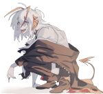  1girl ahoge antenna_hair arknights black_jacket from_side full_body grenade_pin hamha_s horns jacket looking_at_viewer orange_eyes screamsinham shadow sideways_glance simple_background squatting tail thighhighs tongue tongue_out w_(arknights) white_background white_hair 