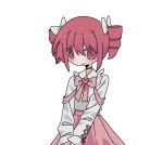  1girl alternate_costume black_choker bow bowtie cho_(cho_utu00) choker closed_mouth cross-laced_clothes cross-laced_sleeves drill_hair frilled_shirt frills hair_bow highres kasane_teto long_sleeves looking_at_viewer own_hands_together pink_bow pink_bowtie pink_ribbon pink_skirt red_eyes red_hair ribbon shirt simple_background skirt smile solo standing twin_drills upper_body utau v_arms white_background white_bow white_shirt 