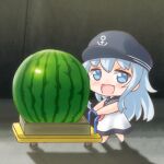  1girl anchor_symbol blue_eyes blue_hair cart chibi commentary_request dress food fruit full_body gale_kawaii hat hibiki_(kancolle) kantai_collection long_hair open_mouth peaked_cap sailor_dress smile solo watermelon 