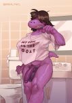  absurd_res anthro balls bathroom big_breasts big_penis bottomless breasts brknpncl brown_hair brush clothed clothing covered_eyes deltarune flaccid foreskin genitals gynomorph hair hi_res intersex monster penis pubes purple_body reptile scalie solo susie_(deltarune) tail toothbrush undertale_(series) vein veiny_penis 