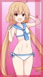  1girl ahoge artist_name bikini blonde_hair blue_neckerchief blue_sailor_collar brown_eyes character_name commentary_request cowboy_shot flat_chest futaba_anzu gradient_background groin highres idolmaster idolmaster_cinderella_girls inaba_shiki long_hair looking_at_viewer low_twintails navel neckerchief pink_background sailor_bikini sailor_collar sailor_swimsuit_(idolmaster) side-tie_bikini_bottom signature smile solo standing swimsuit twintails white_bikini 
