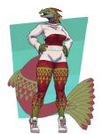  absurd_res acipenseriformes anthro breasts clothing female fish footwear hi_res long_sleves marine midriff ring_piercing shoes solo sturgeon sweater tail teeth topwear triangle_(shape) under_boob yellow_eyes zed-s 