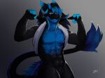  absurd_res anthro biped black_body black_fur black_hair black_hand black_hands blue_body blue_fur blue_hair body_hair chest_hair digital_drawing_(artwork) digital_media_(artwork) digitigrade fingers fluffy fluffy_ears fluffy_hair fluffy_tail fur gigachad hair hi_res itzexelise_(jamie_the_wicker) looking_at_viewer male multicolored_body multicolored_tail shaded simple_background solo tail tail_tuft tuft wickerbeast xiiiofi 