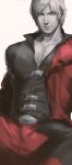  1boy bara belt bishounen blue_eyes breasts cleavage coat dante_(devil_may_cry) devil_may_cry_(series) devil_may_cry_4 facial_hair greyscale highres large_pectorals lips looking_at_viewer lykke male_focus mature_male monochrome multiple_belts muscular muscular_male nose pants pectorals photorealistic realistic red_coat simple_background smile solo spot_color toned trench_coat upper_body white_hair 