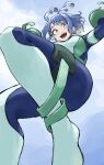  1girl :d antenna_hair blue_bodysuit blue_eyes blue_hair blue_sky bodysuit boku_no_hero_academia cloud day drill_hair fengling_(furin-jp) from_below gloves green_bodysuit hadou_nejire highres multicolored_bodysuit multicolored_clothes official_alternate_hair_length official_alternate_hairstyle open_mouth outdoors short_hair sky smile solo superhero_costume twin_drills unfinished yellow_gloves 
