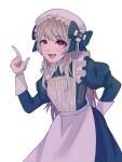  1girl alternate_costume apron arm_behind_back bad_id bad_twitter_id blonde_hair chaos_marie_(grimms_notes) grimms_notes hair_ribbon highres long_hair maid open_mouth pink_eyes puffy_sleeves ribbon roche_xx2 simple_background smile solo victorian_maid white_background 
