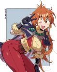  1girl belt black_gloves breasts brown_eyes cape covered_nipples earrings fang geso_smith gloves highres jewelry leaning_forward lina_inverse long_hair medium_breasts one_eye_closed orange_hair pants red_pants shirt slayers twitter_username v yellow_shirt 