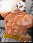  1boy abs absurdres bara blood brown_hair cowboy_shot el_fuerte highres huge_pectorals kata_(o)_ware luchador_mask male_focus muscular muscular_male navel nipples nosebleed solo steaming_body street_fighter strongman_waist thick_eyebrows tongue tongue_out topless_male 