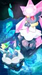  blue_eyes carbink cave_interior colored_sclera crystal diancie highres no_humans open_mouth pink_eyes pokemon pokemon_(creature) red_sclera signature smile terupu_(eule312) water 