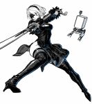  1girl 2b_(nier:automata) blindfold boots breasts cleavage_cutout clothing_cutout dress fighting_stance full_body gloves hairband high_heel_boots high_heels holding holding_sword holding_weapon kahadu_(kawazu) medium_breasts monochrome nier:automata nier_(series) pod_(nier:automata) short_hair side_slit simple_background solo spot_color sword thigh_boots weapon 
