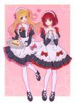  2girls :d absurdres alternate_costume apron arima_kana black_dress black_footwear blonde_hair blush bow bowtie cake cake_slice collarbone dress enmaided food frills high_heels highres holding holding_plate hoshino_ruby long_hair looking_at_another maid maid_apron maid_headdress multiple_girls open_mouth oshi_no_ko pantyhose pink_background pink_bow pink_bowtie pink_eyes plate red_hair shoes short_hair smile star-shaped_pupils star_(symbol) symbol-shaped_pupils waist_apron white_pantyhose xiang_yu_pai 