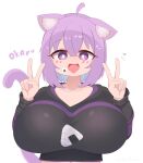  1girl :d absurdres ahoge animal_ear_fluff animal_ears blush breasts bright_pupils cat_ears cat_girl cat_tail character_name collarbone commentary_request cropped_hoodie english_commentary fang gabai hair_between_eyes hands_up heart highres hololive hood hoodie huge_breasts long_sleeves looking_at_viewer medium_hair mixed-language_commentary navel nekomata_okayu nekomata_okayu_(1st_costume) onigiri_print open_mouth purple_eyes purple_hoodie simple_background skin_fang smile solo tail tongue tongue_out two-tone_hoodie upper_body variant_set virtual_youtuber white_background white_pupils 
