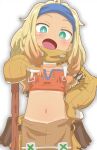 1girl blonde_hair blue_headband blush character_request dated elbow_gloves glaze_artifacts gloves green_eyes hand_on_own_hip headband highres long_hair looking_at_viewer monster_hunter_(series) monster_hunter_wilds navel open_mouth orange_gloves pointing pointing_at_viewer solo tabayan_jigokuhen tan tanlines tongue white_background 