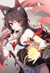  1girl ahri_(league_of_legends) animal_ears bare_shoulders black_hair breasts closed_mouth cowboy_shot facial_mark finger_to_mouth fingernails fire fox_ears fox_tail fuiyu_(feuille0818) hair_between_eyes highres league_of_legends long_hair looking_at_viewer medium_breasts nail_polish official_alternate_costume red_eyes red_nails risen_legend_ahri sidelocks smile solo tail whisker_markings 