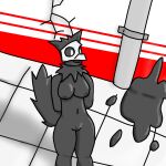  anthro big_breasts black_body breasts canid canine canis changed_(video_game) detailed_background female genitals hi_res latex mammal mask mister_redintong puro_(changed) pussy skull_mask solo standing thick_thighs white_eyes wolf 