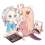  ! 2girls ahoge amane_kanata applying_makeup barefoot black_shorts blonde_hair blue_hair blue_shirt clothes_writing cosmetics dolphin_shorts dragon_girl dragon_horns dragon_tail eye_contact from_side full_body grey_hair hair_ornament hair_slicked_back hairband hairclip holding hololive horns indian_style isuka kiryu_coco laughing long_hair looking_at_another makeup mirror multicolored_hair multiple_girls nail_polish_bottle nail_polish_brush o3o pencil_case pink_hair profile puckered_lips purple_eyes red_eyes rouge_(makeup) seiza shirt shorts simple_background sitting skirt streaked_hair striped_clothes striped_skirt t-shirt tail tears virtual_youtuber white_background white_wings wings 
