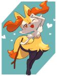  animal_ear_fluff animal_ears aqua_background black_fur blush braixen claws etotsuji fox_ears fox_tail full_body heart highres holding holding_stick looking_at_viewer multicolored_fur one_eye_closed open_mouth orange_eyes pokemon pokemon_(creature) red_fur smile solo standing stick tail two-tone_background white_background yellow_fur 