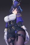  1girl arms_at_sides black_corset blue_cape blue_hair breasts buttons cape clorinde_(genshin_impact) closed_mouth commentary_request corset dangle_earrings dark_background dark_blue_hair earrings elbow_gloves epaulettes fold-over_gloves framed_breasts genshin_impact gloves gradient_background hair_between_eyes hat hat_feather highres jewelry large_breasts long_hair long_hair_between_eyes looking_at_viewer low_ponytail paid_reward_available pencil_skirt purple_eyes shirt signature skirt solo standing taut_clothes taut_shirt thigh_strap tricorne very_long_hair white_gloves white_shirt zero130 