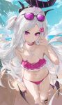  1girl bare_arms bare_legs bare_shoulders beach bikini black_horns blue_archive blush breasts collarbone day dema_hmw demon_horns demon_wings eyewear_on_head from_above grey_hair halo highres hina_(blue_archive) horns long_hair looking_at_viewer multiple_horns ocean outdoors parted_lips pink_bikini purple_eyes purple_wings sandals small_breasts solo sunglasses swimsuit toes wings 