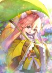  1girl animal_ear_fluff animal_ears bare_shoulders black_skirt bow braid breasts fate/samurai_remnant fate_(series) fox_ears fox_girl fox_tail hair_between_eyes hair_bow japanese_clothes kimono leaf long_hair looking_at_viewer mogullaz obi off_shoulder open_mouth pink_hair sash sidelocks skirt small_breasts solo tail tamamo_(fate) tamamo_aria_(fate) twintails wide_sleeves yellow_bow yellow_eyes yellow_kimono 