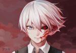  1boy absurdres black_sclera black_vest blood collared_shirt colored_sclera gradient_background highres kaneki_ken limao_tanuki looking_at_viewer male_focus multicolored_hair portrait red_background red_eyes red_hair shirt short_hair solo tokyo_ghoul translation_request two-tone_hair vest white_hair white_shirt 