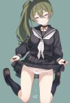  1girl :&gt; absurdres alternate_costume black_choker black_sailor_collar black_serafuku black_shirt black_skirt black_socks bow bow_panties brown_footwear choker clothes_lift commentary_request contemporary eyelashes full_body green_background green_hair highres jitome kneeling loafers long_hair long_sleeves looking_at_viewer neckerchief o-ring o-ring_choker panties pleated_skirt purple_eyes pussy_juice pussy_juice_drip_through_clothes sailor_collar school_uniform serafuku shirt shoes simple_background skirt skirt_lift socks solo sousou_no_frieren ubel_(sousou_no_frieren) underwear white_neckerchief white_panties zero_(miraichizu) 