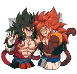  absurdres anger_vein biceps black_hair black_wristband blue_sash body_fur dragon_ball dragon_ball_gt dragon_ball_heroes earrings gogeta highres jewelry looking_at_viewer male_focus metamoran_vest monkey_boy monkey_tail muscular muscular_male no_nipples pants pectorals potara_earrings red_fur relio_db318 sash simple_background smile spiked_hair super_saiyan super_saiyan_1 super_saiyan_4 tail vegetto vegetto_(xeno) veins veiny_hands white_pants 