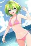  1girl absurdres bikini blue_eyes blue_sky breasts cloud commentary_request commission day green_hair hair_ornament highres horizon looking_at_viewer ocean outdoors pink_bikini pop&#039;n_music sarasa_(pop&#039;n_music) shira14 short_hair side-tie_bikini_bottom skeb_commission sky small_breasts smile solo star_(symbol) star_hair_ornament swimsuit 