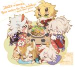  +_+ 5boys :q animal animal_ears arataki_itto azuma_(azuma10270724) bandages bangs blonde_hair blue_scarf blush bodypaint brown_hair cake candy cat chibi chopsticks closed_eyes commentary_request dango dog dog_boy dog_ears dog_tags ear_piercing english_text facepaint fake_horns fang food food_on_head fruit fruit_on_head genshin_impact gorou_(genshin_impact) green_eyes grey_hair hair_between_eyes headband heart horned_headwear horns japanese_clothes kaedehara_kazuha kazuha&#039;s_friend_(genshin_impact) kotatsu lollipop lying male_focus multicolored_hair multiple_boys nabe new_year object_on_head on_stomach open_mouth orange_(fruit) piercing ponytail red_eyes red_hair scar scar_on_face scar_on_nose scarf shiba_inu simple_background sitting sleeping streaked_hair table taroumaru_(genshin_impact) thoma_(genshin_impact) tongue tongue_out twitter_username wagashi watermark white_cat white_hair 