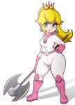  1girl axe biker_clothes biker_peach bikesuit blonde_hair blue_eyes bodysuit boots crown earrings english_commentary gloves hand_on_own_hip highres holding holding_axe jewelry lipstick long_hair makeup mario_(series) pink_gloves princess_peach sidelocks skin_tight smile solo standing the_super_mario_bros._movie thick_thighs thighs tonyneely white_bodysuit wide_hips 