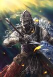  2others absurdres ambiguous_gender armor back-to-back belt black_background bloody_wolf_(elden_ring) breastplate brown_bag brown_belt brown_pants chosen_undead dark_souls_(series) dark_souls_i elden_ring fur_trim gauntlets helm helmet highres holding holding_sword holding_weapon light limao_tanuki multiple_others pants petals pouch sword tarnished_(elden_ring) weapon 