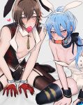  2boys 417_(i7-4i) absurdres ahoge animal_ears arms_between_legs black_choker black_ribbon black_thighhighs blue_eyes blue_hair blush brown_hair brown_thighhighs bulge carrot choker commentary condom condom_in_mouth crossdressing cuffs detached_collar edmond_(nu_carnival) erection erection_under_clothes eyelashes gag gloves hair_between_eyes half_gloves handcuffs heart high_heels highres kneeling leotard long_hair looking_at_viewer low_ponytail male_focus male_playboy_bunny mouth_hold multicolored_hair multiple_boys nipple_slip nipples nu_carnival otoko_no_ko precum rabbit_ears red_eyes red_gloves red_hair ribbon short_hair streaked_hair sweat thighhighs white_leotard yakumo_(nu_carnival) yaoi 